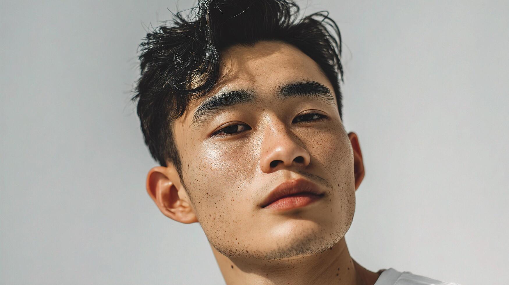 A young man with dark hair and a white t - shirt photo