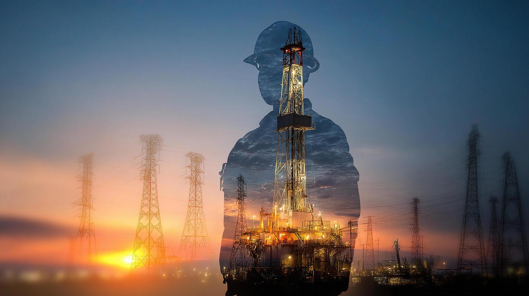 Double exposure of oil rig and man at sunset photo