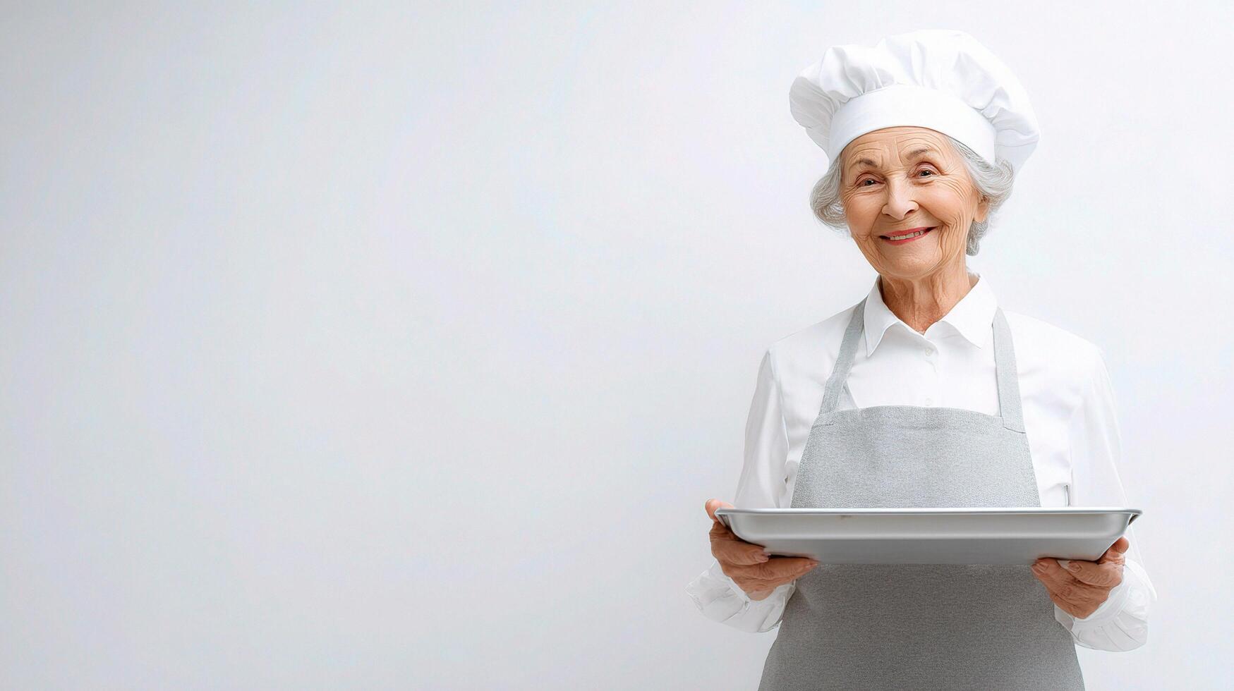 An old woman in a chef hat holding a tablet photo