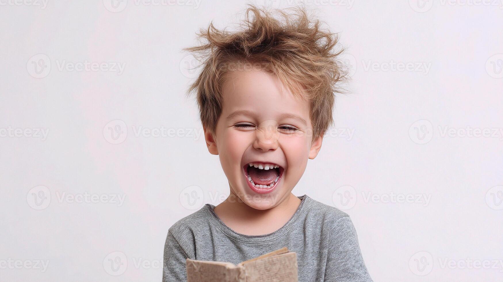 A young boy is laughing while holding a book photo