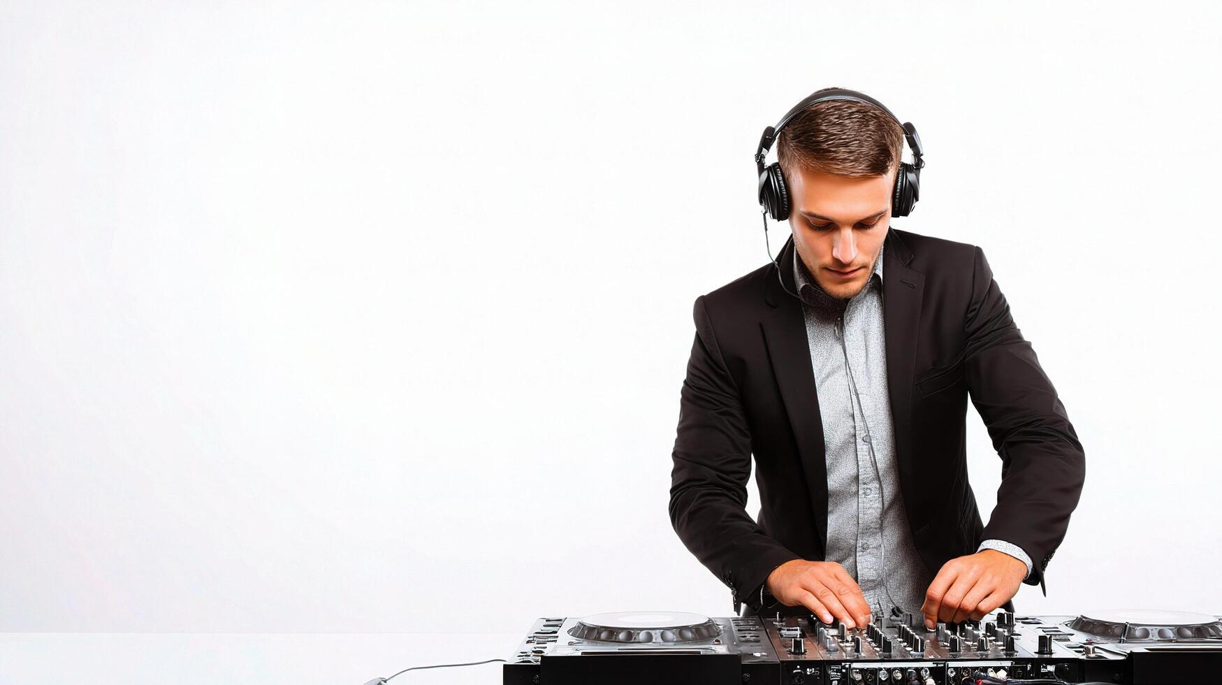 A man in a suit is mixing music on a dj mixer photo
