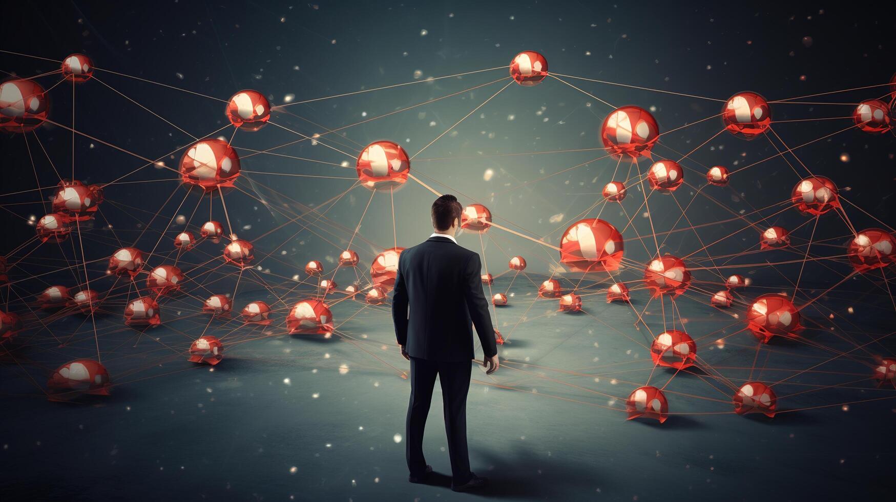 A man in a suit standing in front of a network of red spheres photo