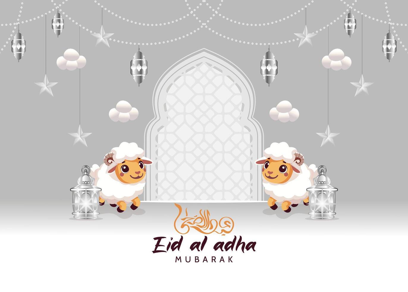 3D cartoon sheep with mosque shaped door, hanging lanterns, stars, and clouds on a gray background perfect for posters, banners, or greeting cards vector