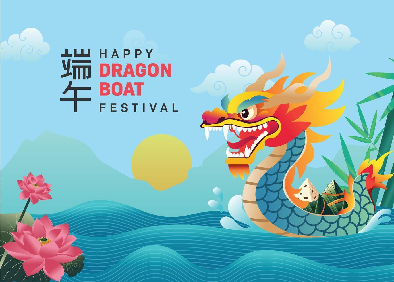 Cartoon dragon boat with calligraphy on light backdrop, featuring zongzi, lotus, and mountains celebrating the iconic Chinese Dragon Boat Festival tradition vector