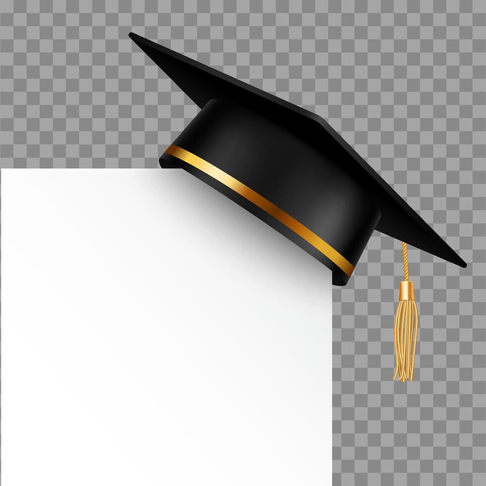 Graduation University cap on background. Black 3d ceremony hat with paper banner. education student symbols, vector
