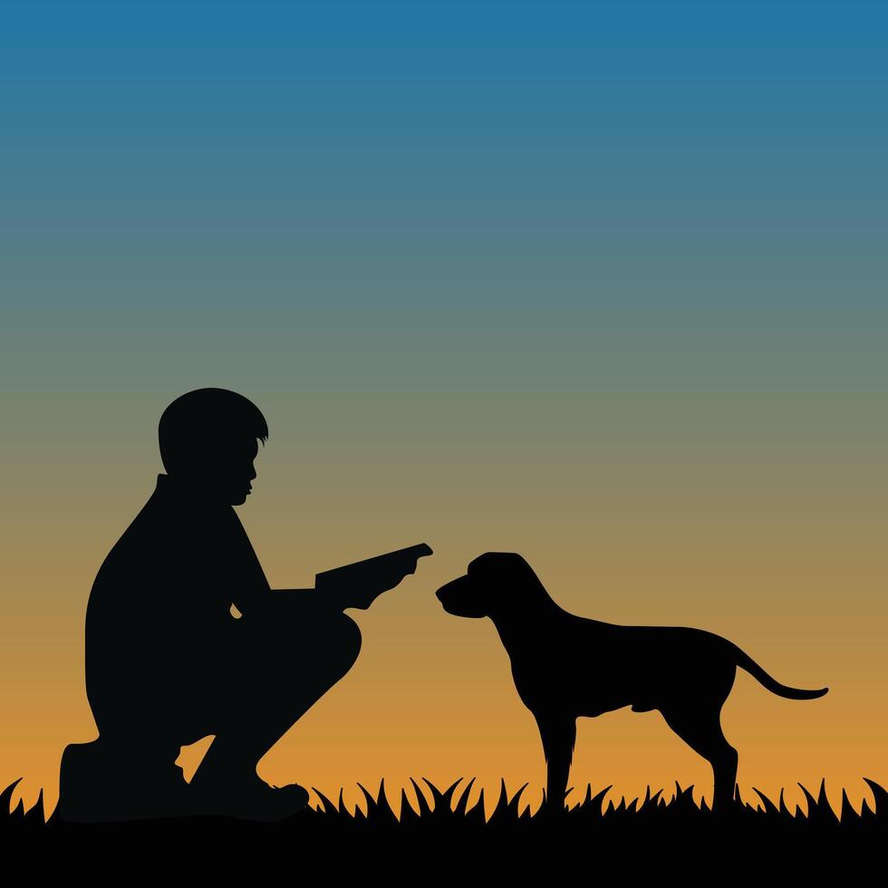 Silhouette of a boy training a dog during sunset vector
