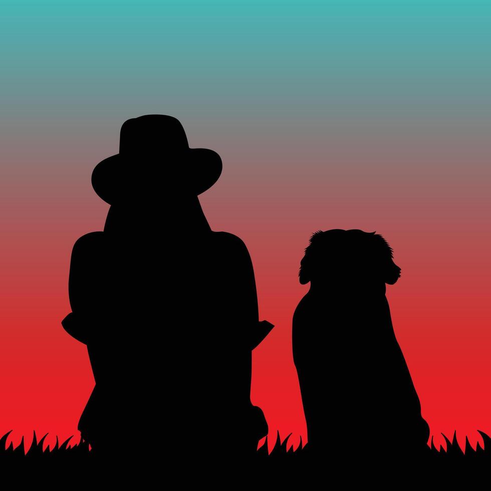 Silhouette of a person and a dog watching the sunset vector