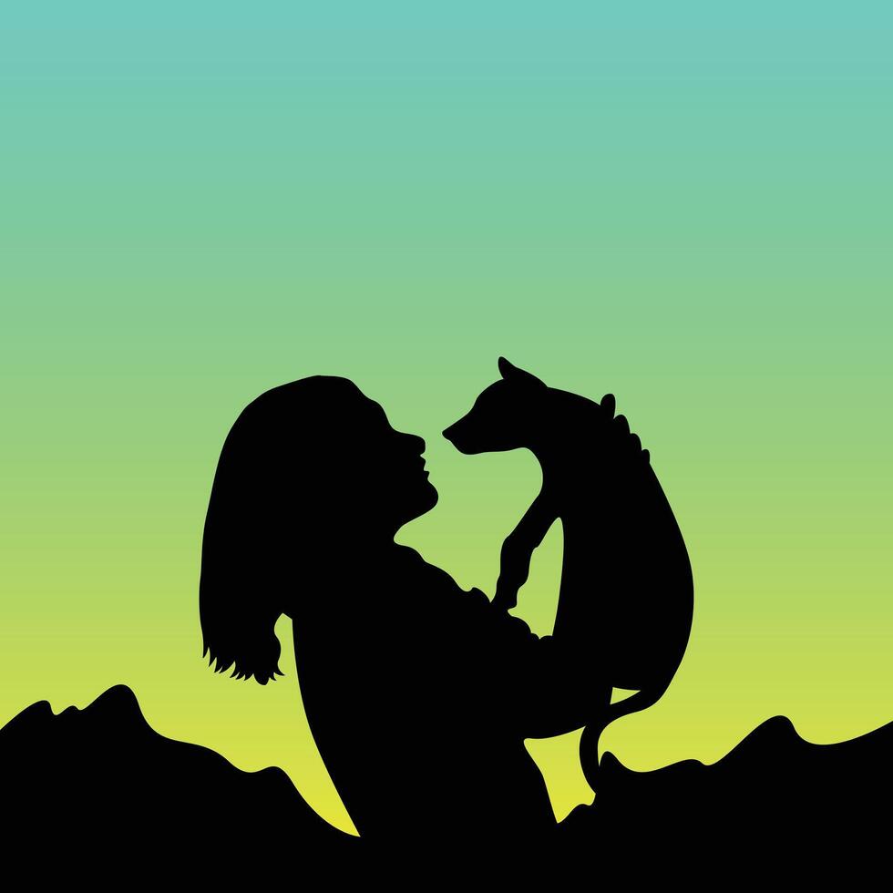 Woman and Dog Silhouette Against Gradient Sky vector