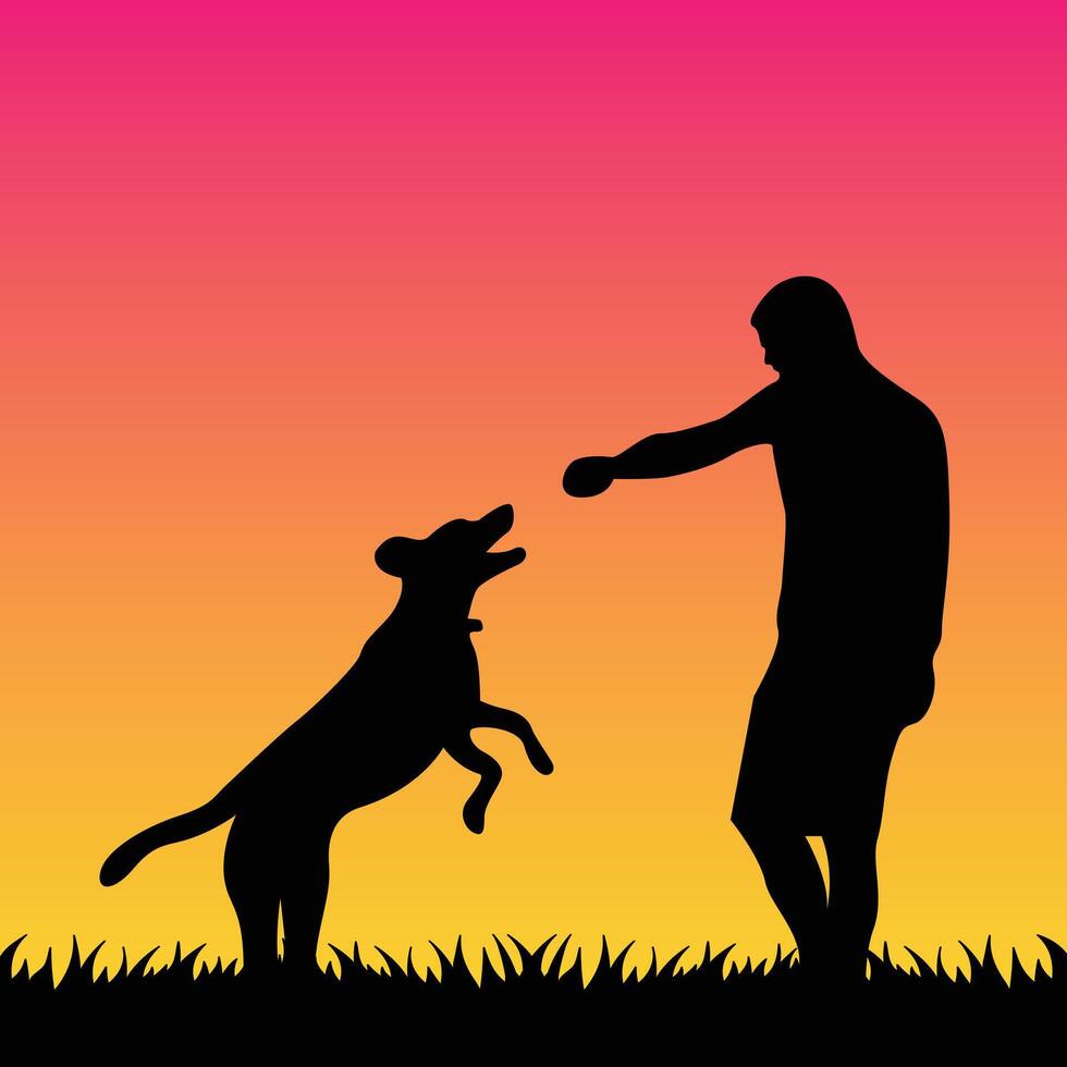 Man playing with a dog at sunset vector