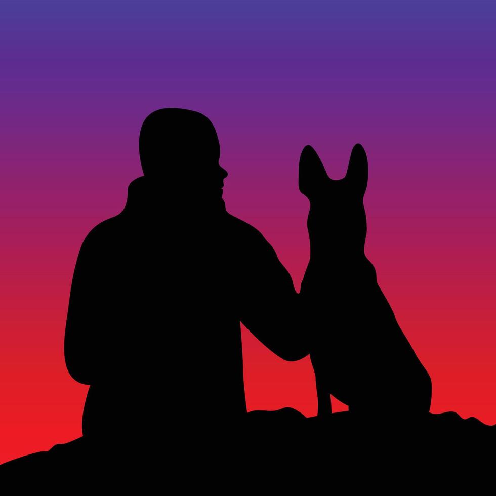 Man and his dog silhouette at sunset vector
