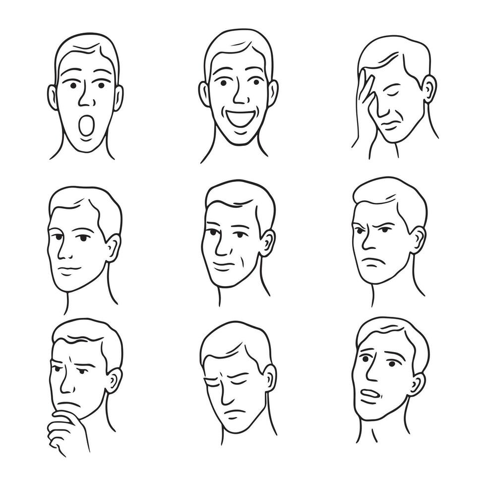 Set of male facial expressions in line art style. Emotions and moods illustration vector
