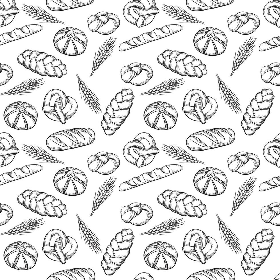 Seamless pattern with hand-drawn bakery products and wheat ears in vintage engraving style on a white background vector