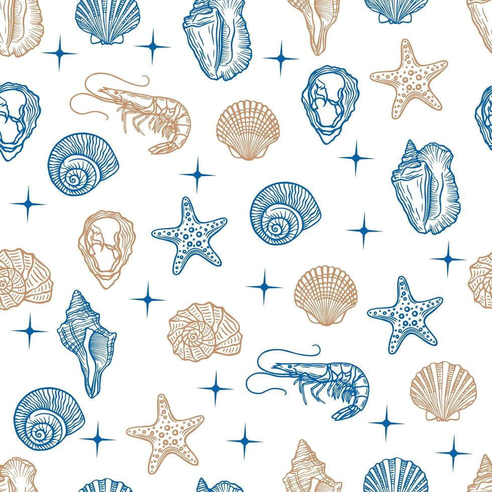 Seamless marine life pattern with seashells, starfish, and shrimp. Hand drawn illustration vector