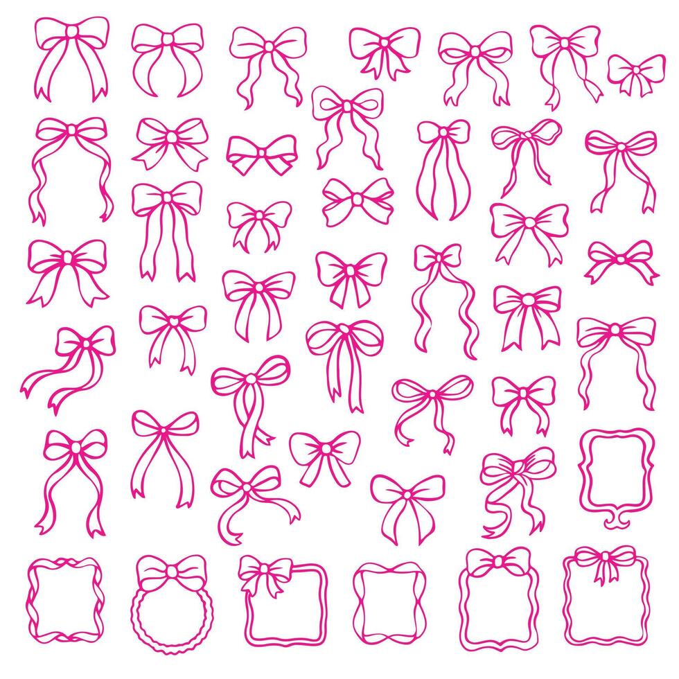 Set of hand drawn bows and ribbons. line art vector