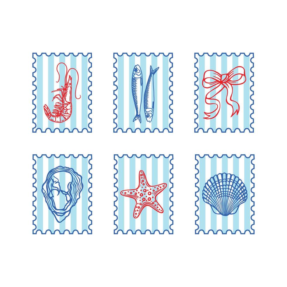 Stamp with sea shells, shrimp, sardines, starfish and coquette bow. Summer design in line art. vector
