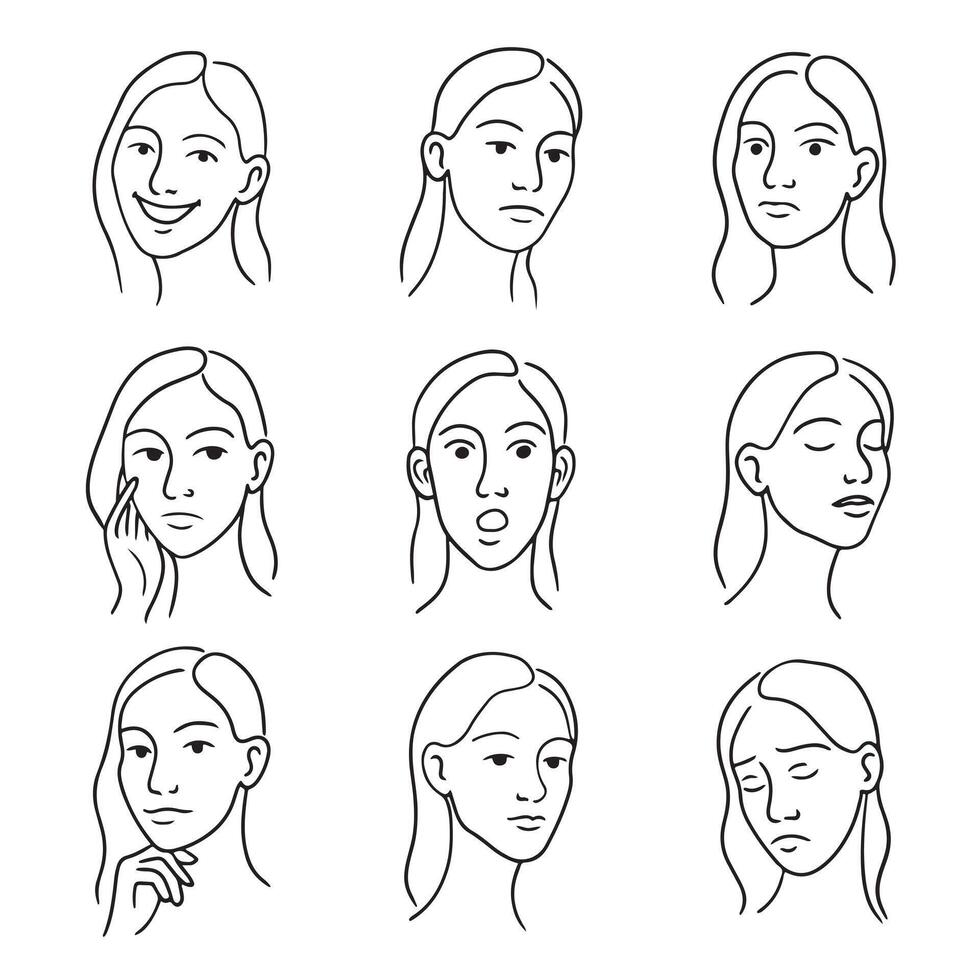Set of female facial expressions in line art style. Illustration of emotions and moods. vector
