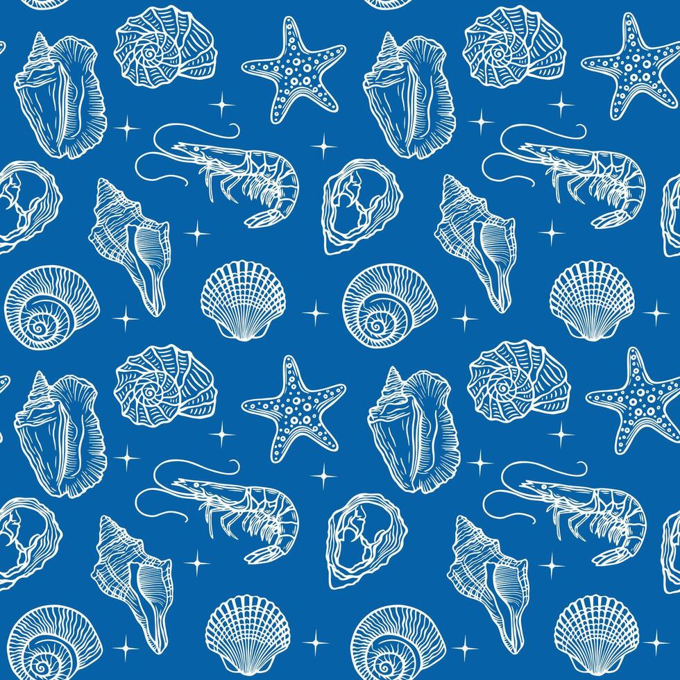 Seamless marine life pattern with seashells, starfish, and shrimp. vector
