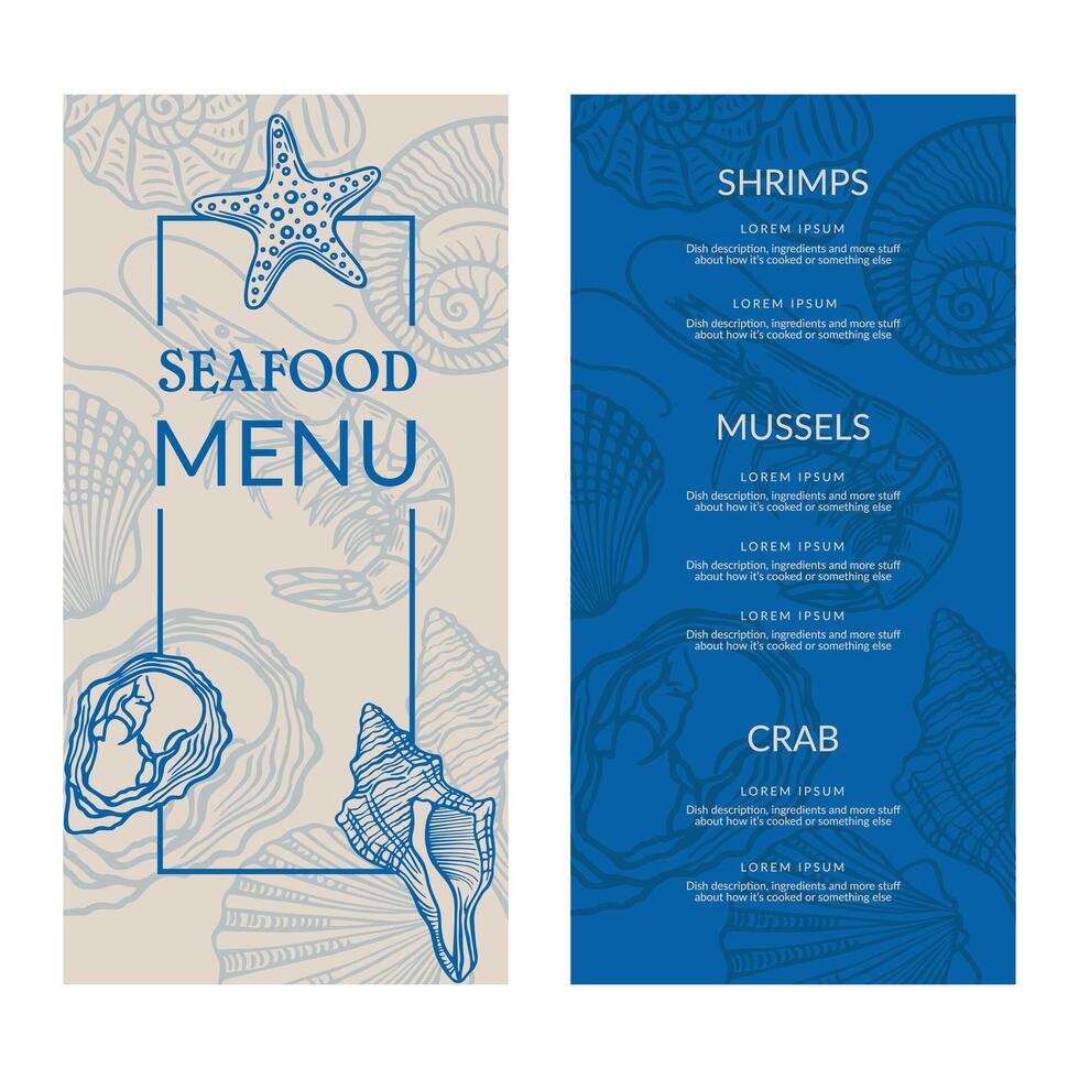 Seafood restaurant menu template with hand-drawn sheafood illustrations vector