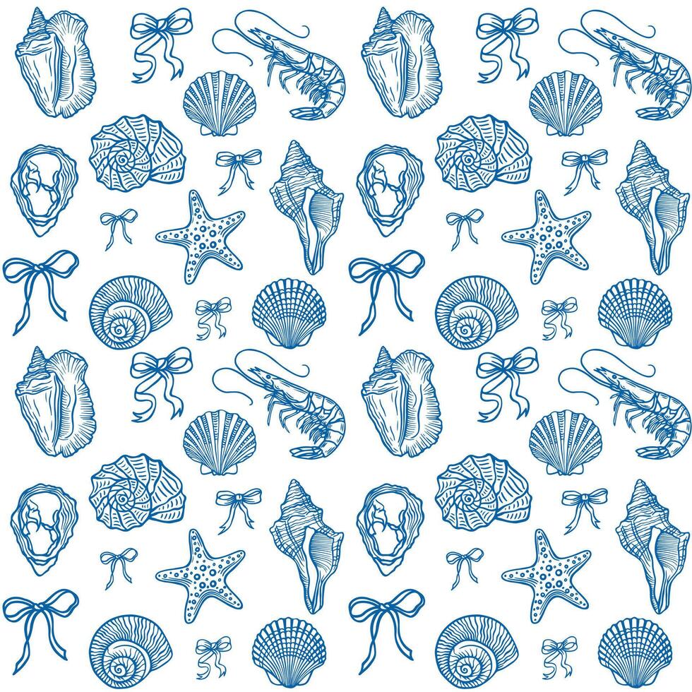 Seamless marine life pattern with seashells, starfish, and shrimp on a white background vector