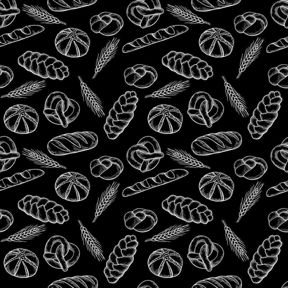 Seamless pattern with hand-drawn bakery products and wheat ears in vintage engraving style on a black background vector
