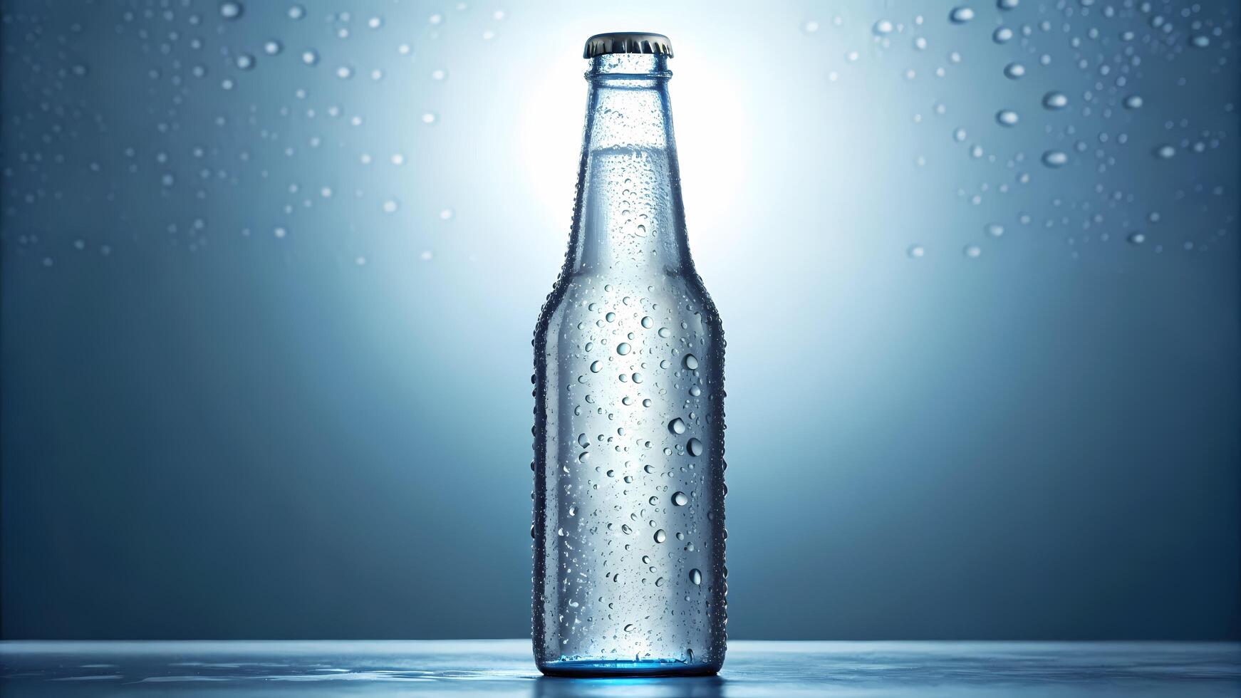 Bottle with Water Droplets on Blue Background for Freshness photo