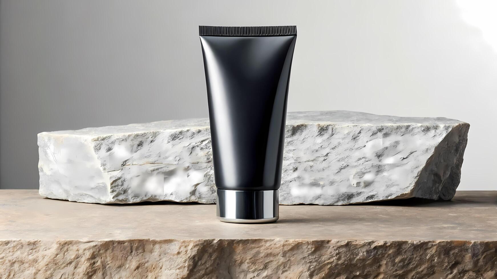 Dark Tube Container on Stone Slab for Cosmetic Product Display photo
