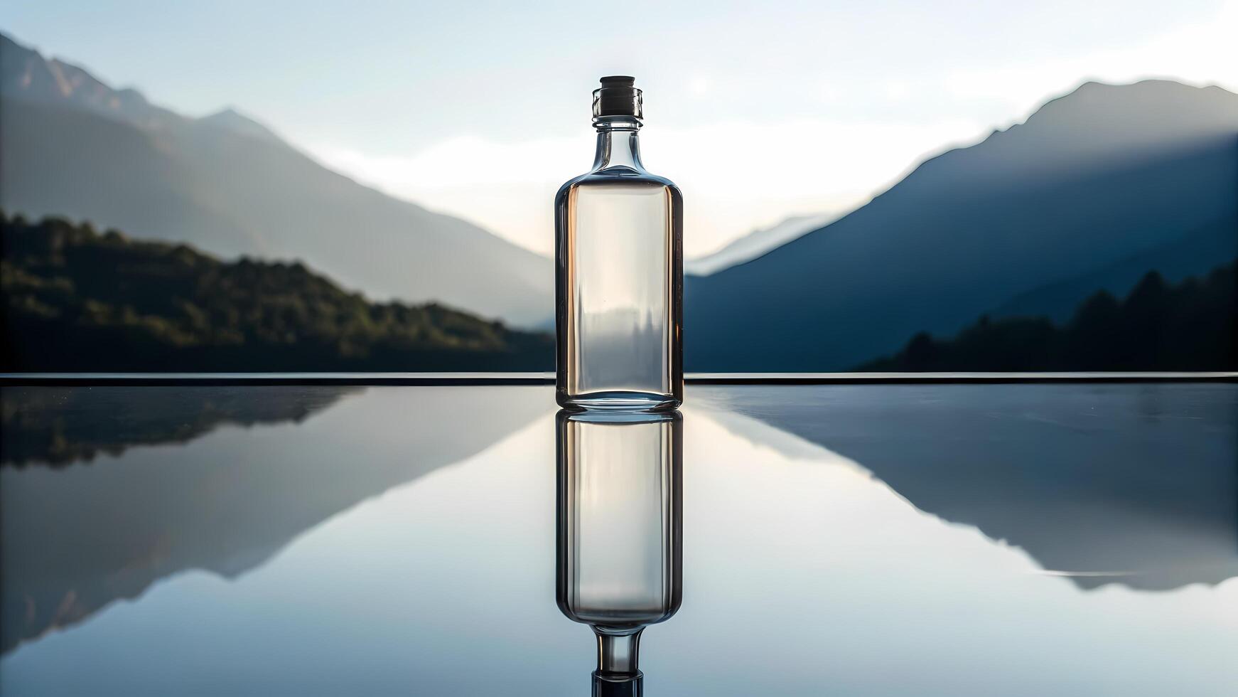 Glass Bottle Reflecting Mountain Scenery Clear Water in Stillness photo
