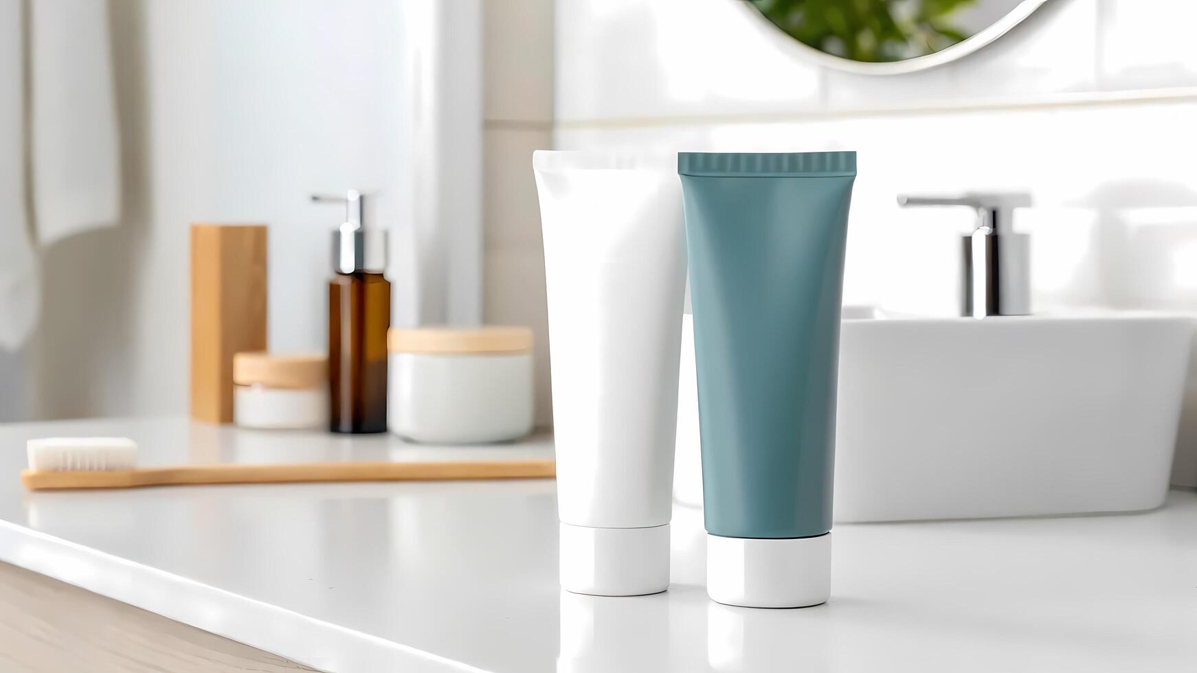 Cosmetic Tubes on Bathroom Countertop for Personal Care photo