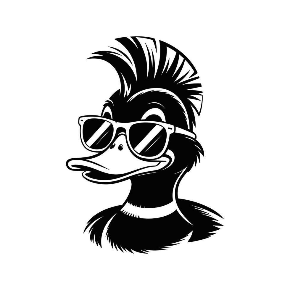 Cool Duck Icon A monochrome illustration features a stylish duck, complete with a bold mohawk haircut, wearing trendy sunglasses, representing the spirit of coolness, individuality. vector