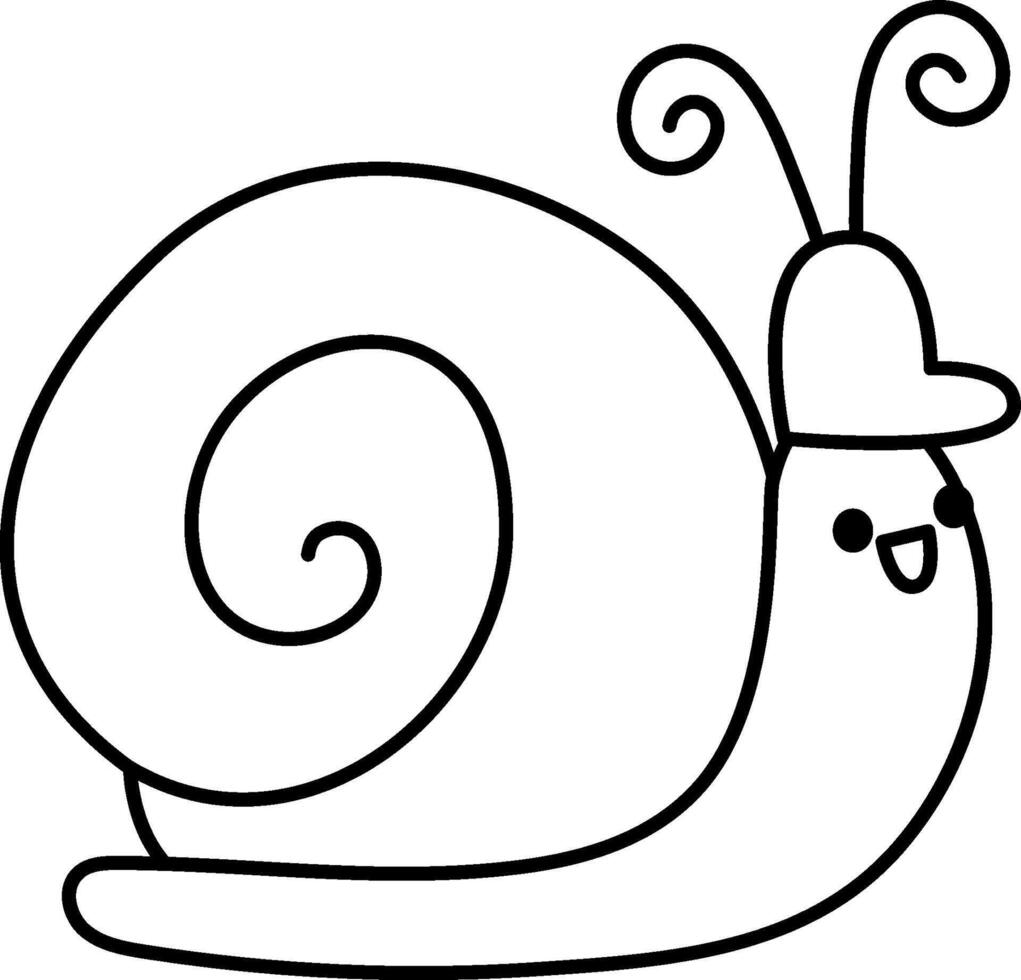 black and white snail in hard hat. Construction site worker line illustration or coloring page for kids. Funny builder insect character. Cute animal repairmen icon vector