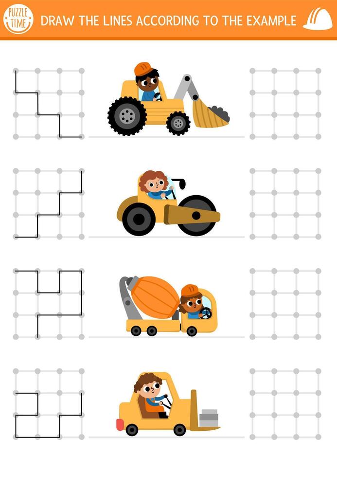 Construction site drawing, writing, tracing, space orientation activity for kids with special trucks. Draw the lines in square box according the example. Preschool printable activity, game, puzzle vector