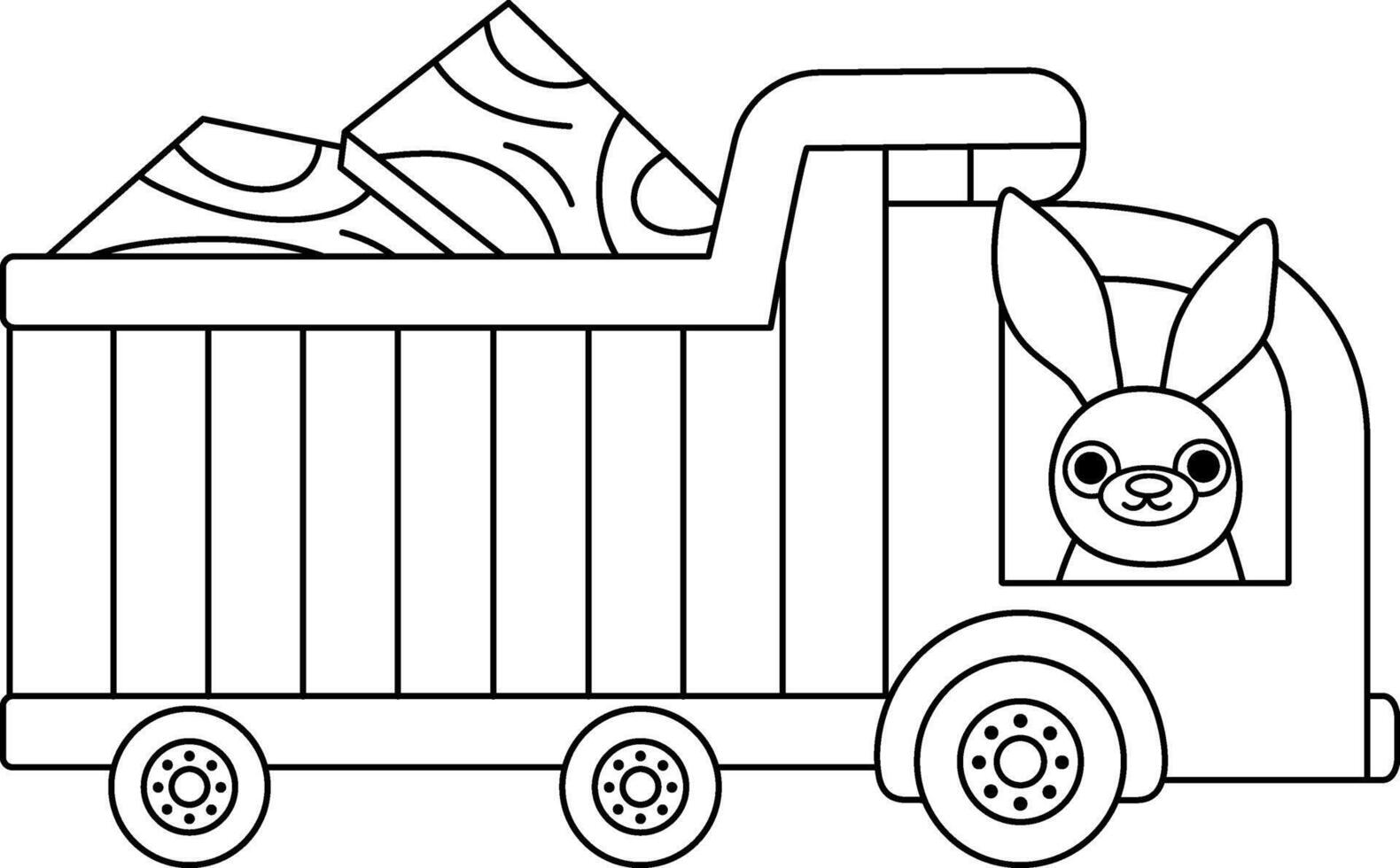 black and white wood loaded truck with rabbit driver. Construction site, road work line icon with funny woodland animal. Building transportation coloring page. Special transport illustration vector