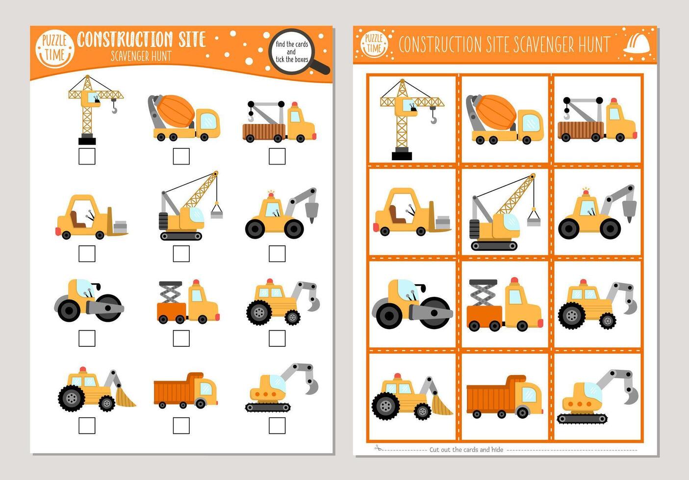 construction site scavenger hunt cards set. Seek and find game with cute cars, trucks for kids. Special transport searching activity. Simple educational printable worksheet with vehicles vector