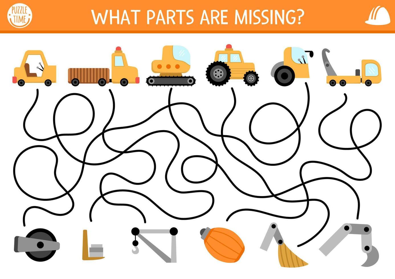 Construction site maze for kids with special cars and their spare parts. What parts of the trucks are missing. Building works preschool printable activity. Repair service labyrinth game, puzzle vector