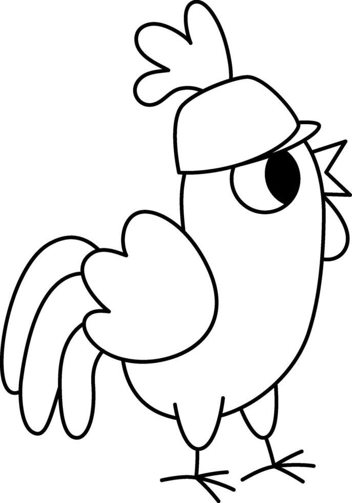 black and white cockerel in hard hat. Construction site worker line illustration or coloring page for kids. Funny builder rooster character. Cute bird repairmen isolated icon vector