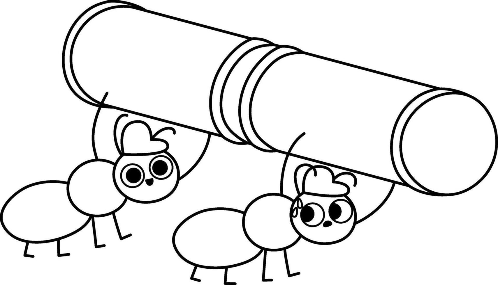 black and white ants in hard hats bringing big pipe. Construction site worker line illustration or coloring page for kids. Funny builder insect characters. Animal repairmen icon vector
