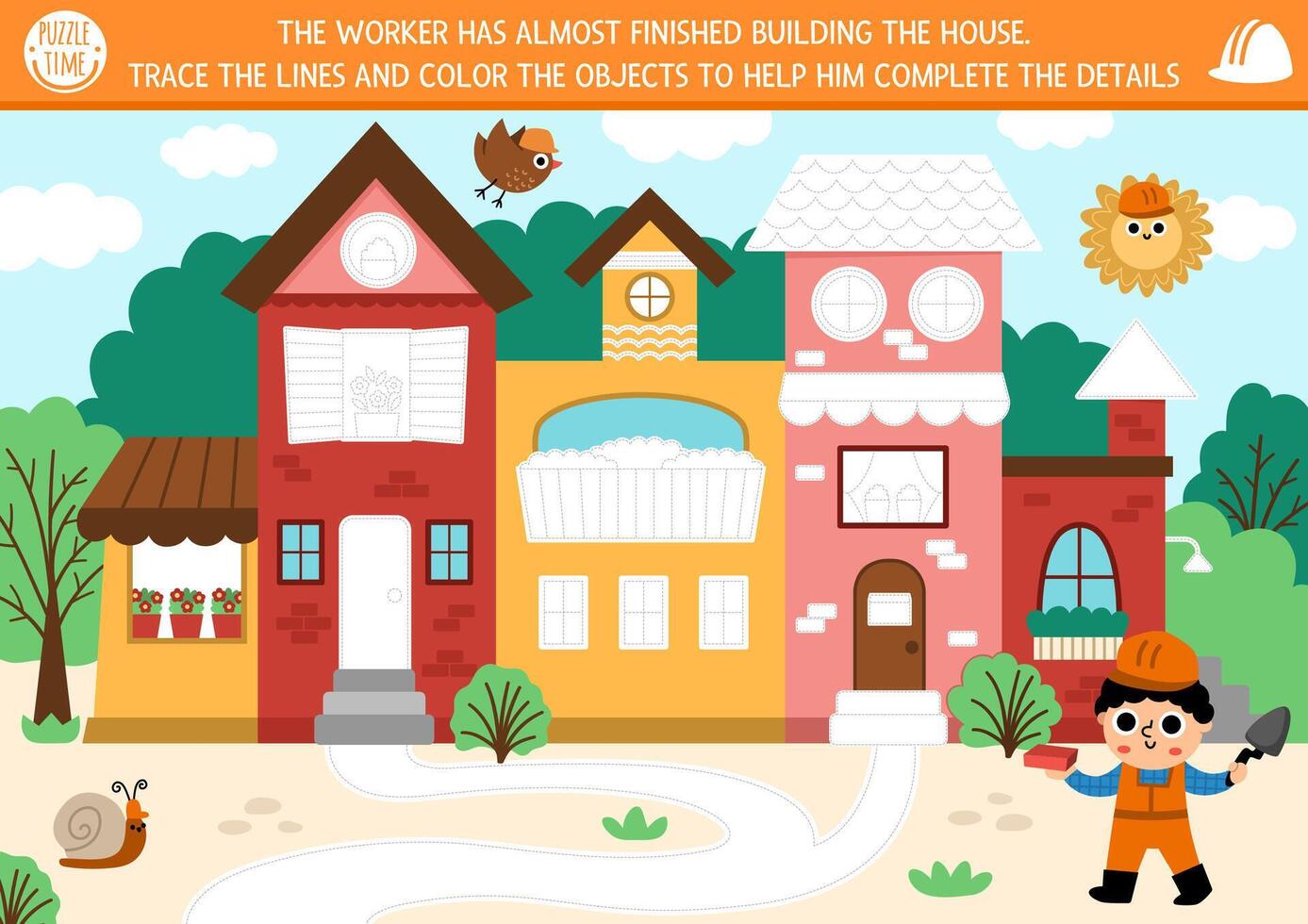 Construction site drawing, coloring, tracing and writing practice activity with house. Finish the building puzzle. Printable worksheet, game for kids Help the worker build and decorate the home vector