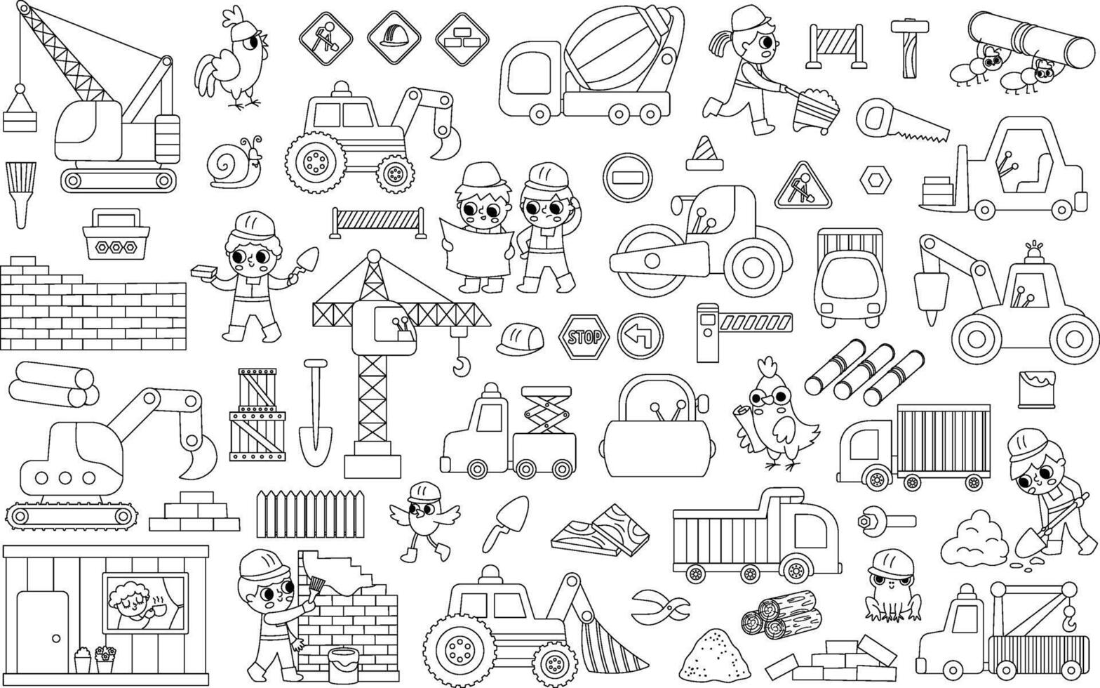 Black and white construction site and road work set. Building line icons collection with kid builders, transport, bulldozer, tractor, truck, crane. Cute repair service coloring page illustrations vector