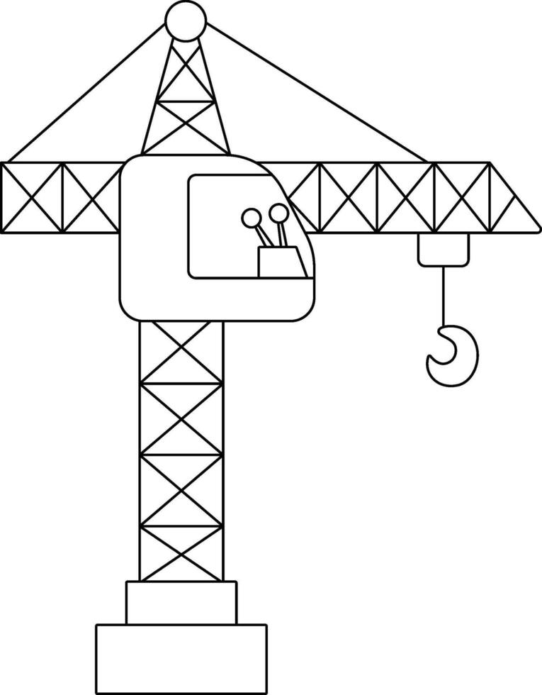 black and white lifting crane with hook. Construction site, road work line icon. Building transportation clipart. Cute special transport illustration. Tall tower hoist coloring page vector