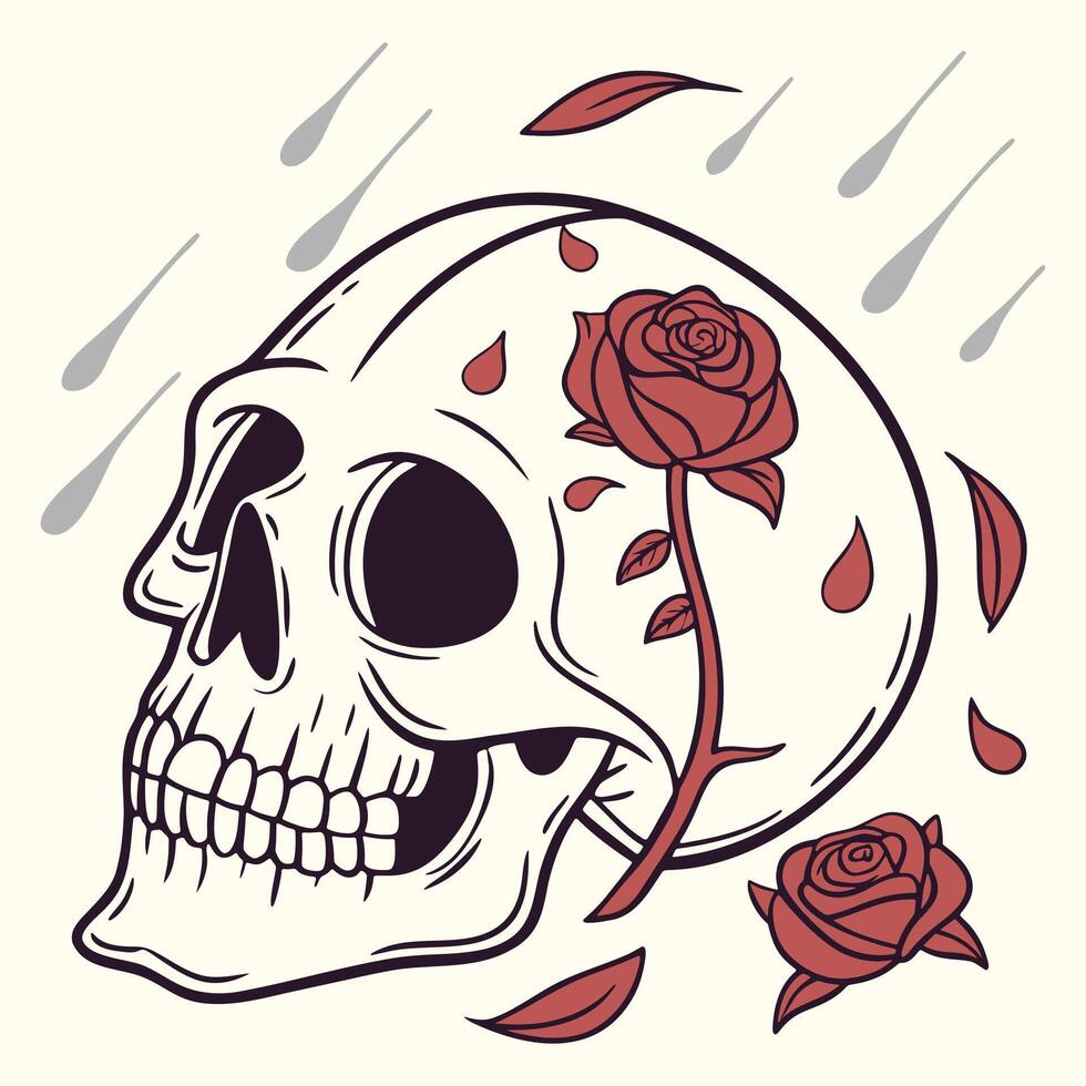 Gothic Skull with Melting Rose Petals in Artistic Ink Style vector