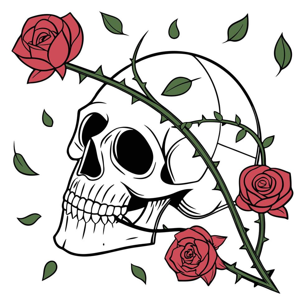 Dark Romantic Skull with Rose Stem Wrapping Half the Face vector