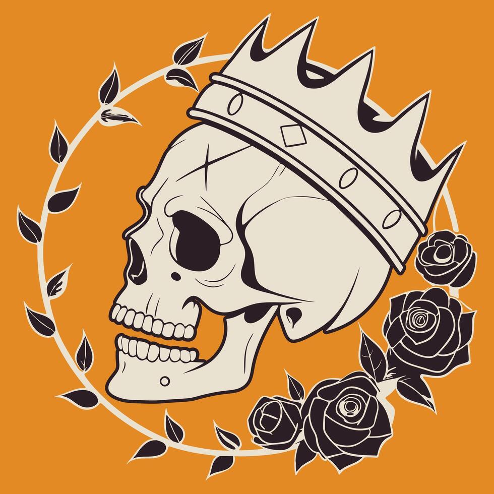 Broken Crown Skull with Circular Halo and Rose Accents vector