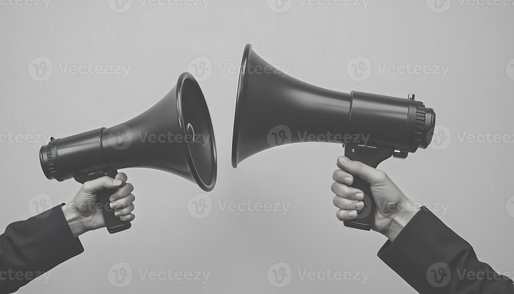 Two hands holding megaphones over each other photo