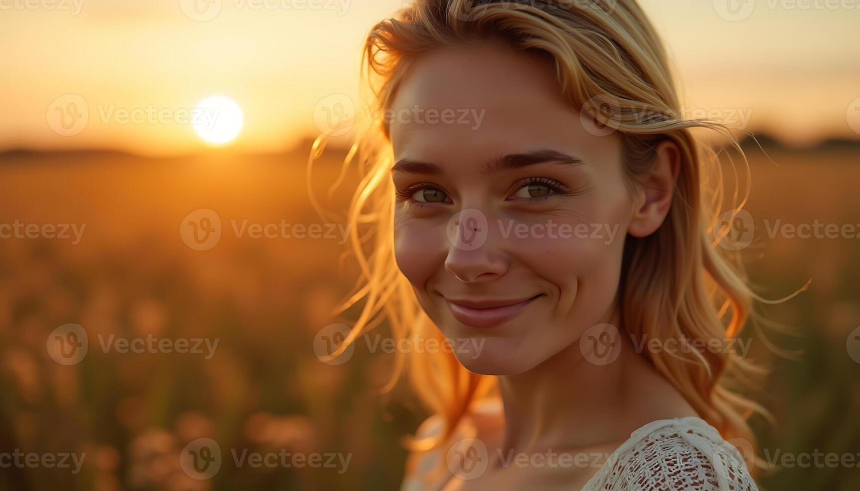 A beautiful young woman is smiling in a field photo