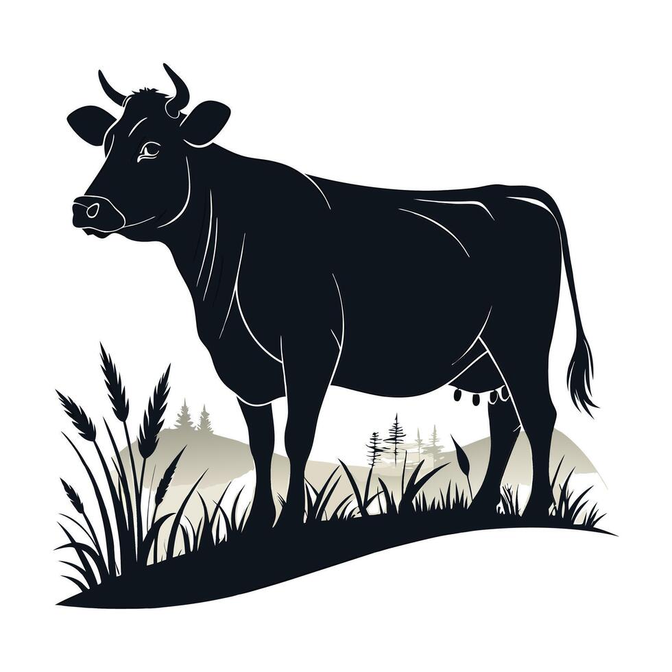 Cow silhouette in the field with grass and trees vector