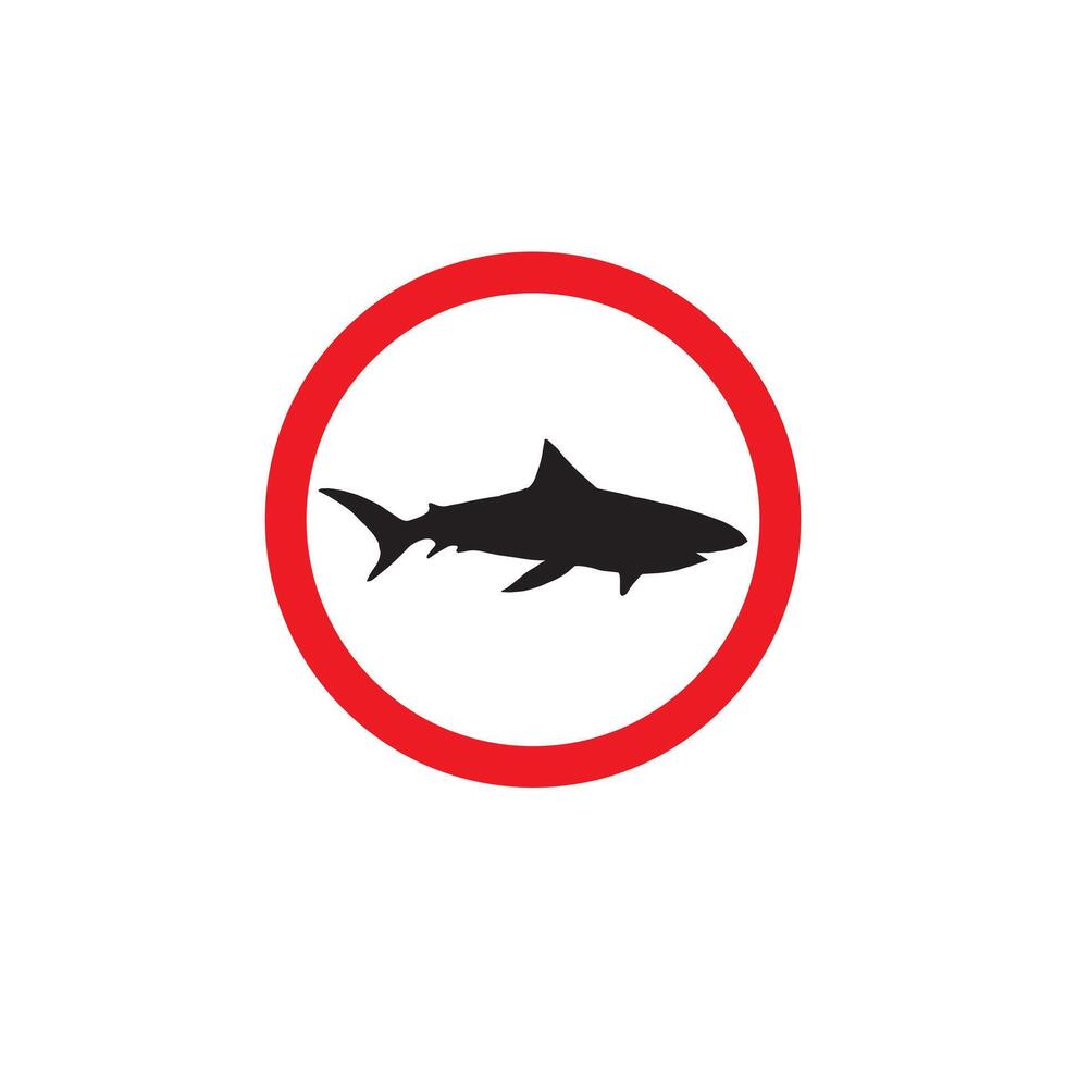 Flat warning sign with shark silhouette in red circle isolated on white background vector