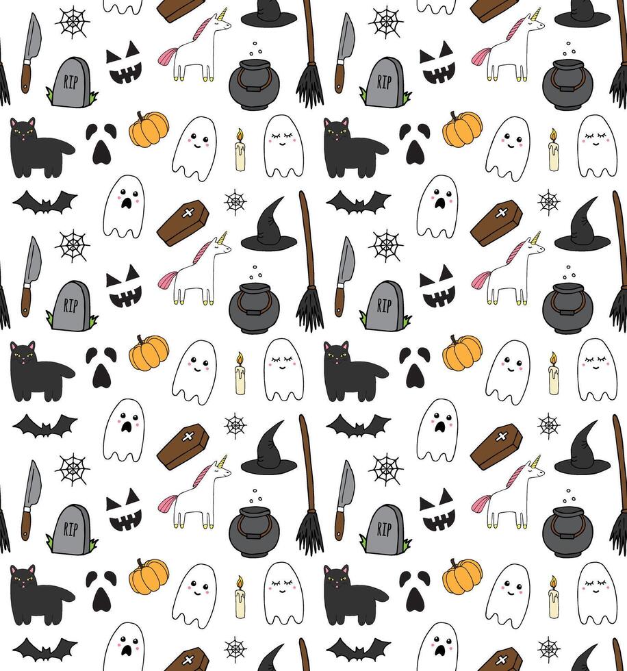Seamless pattern of hand drawn doodle sketch Halloween elements isolated on white background vector