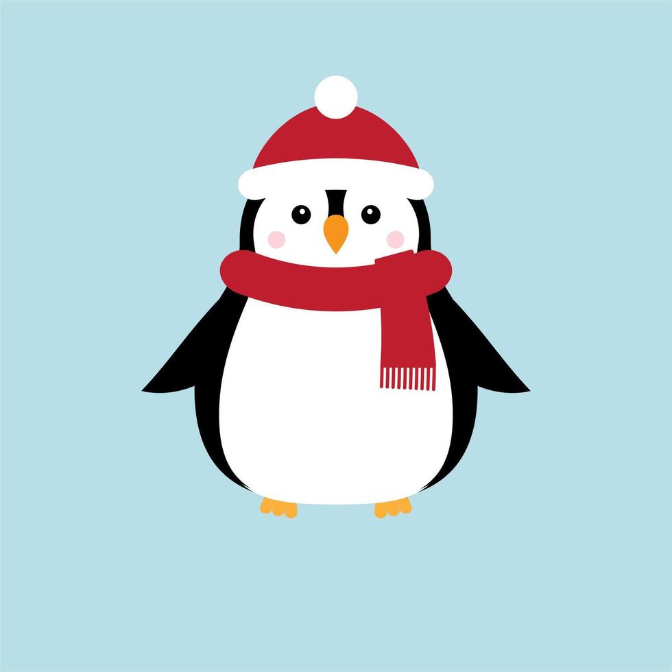 Flat cartoon penguin in hat and scarf isolated on blue vector