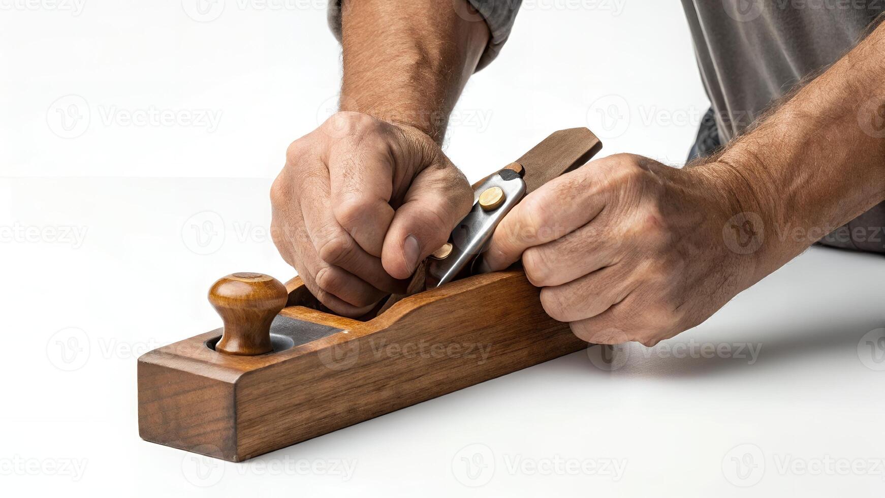 Planing Wood Craftsman Using Hand Plane Carpentry Tool photo