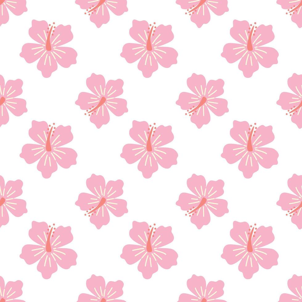 Hawaiian summer hibiscus flower pattern. Seamless tropical bloom design in pink. Perfect for beach vibes, fabric prints, and exotic themes. vector